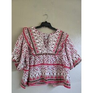 Calypso Red Paisley Floral Cotton Quilted Ruffle Blouse XL Spring oversize boho